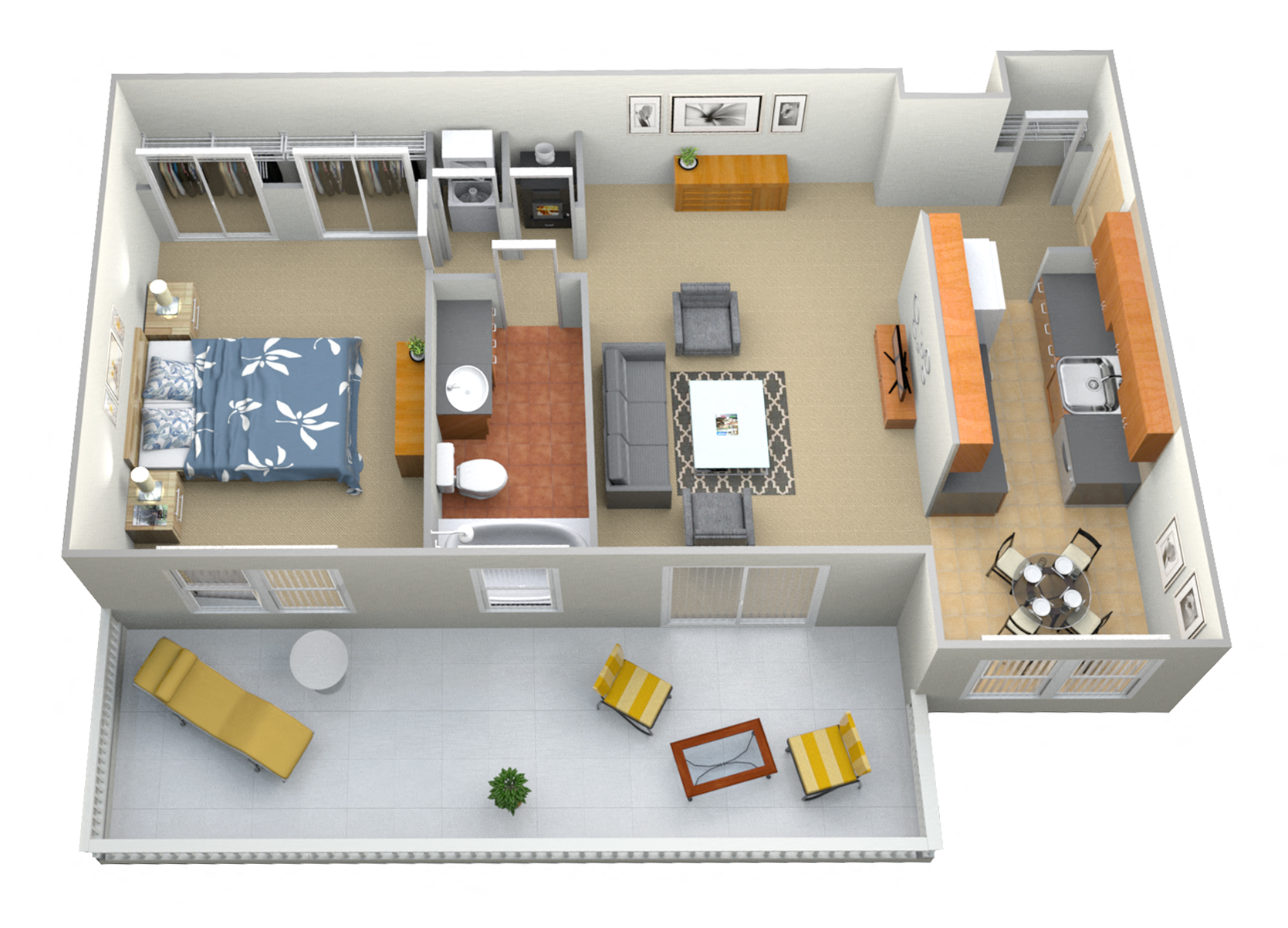 Floor plan for 1 bed, 1 bath, 735 sqft